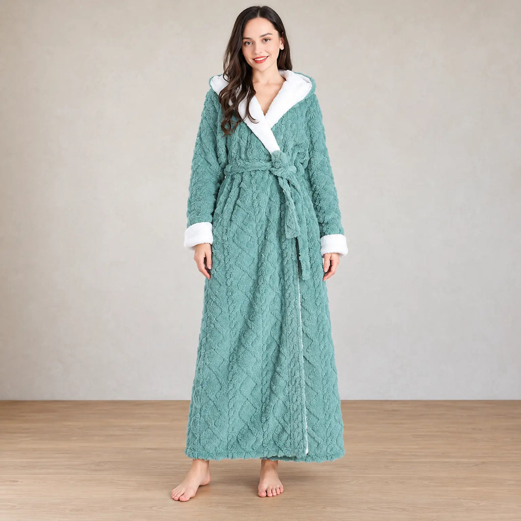Women's Sherpa Robe - Hooded Ankle Length Textured Plush - Green
