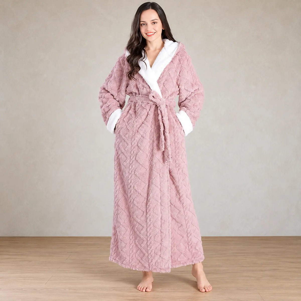 Women's Sherpa Robe - Hooded Ankle Length Textured Plush - Pink