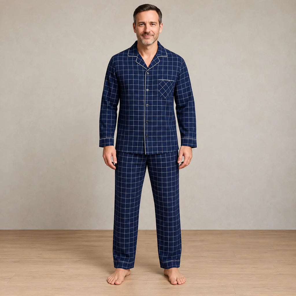 Men's Pajama Set - Piped Button-Front Long Sleeve Shirt & Pants - Navy Check