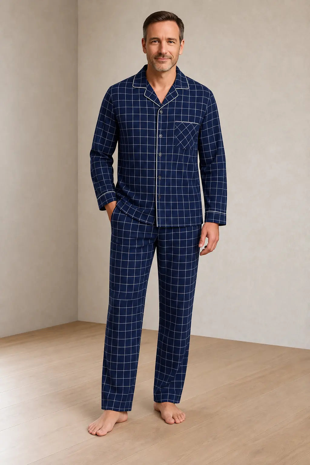 Men's Pajama Set - Piped Button-Front Long Sleeve Shirt & Pants - Navy Check