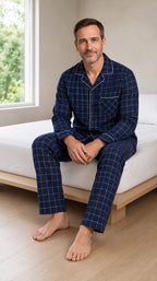 Men's Pajama Set - Piped Button-Front Long Sleeve Shirt & Pants - Navy Check
