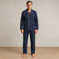 Men's Pajama Set - Piped Button-Front Long Sleeve Shirt & Pants - Navy Stripe