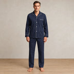 Men's Pajama Set - Piped Button-Front Long Sleeve Shirt & Pants - Navy Stripe