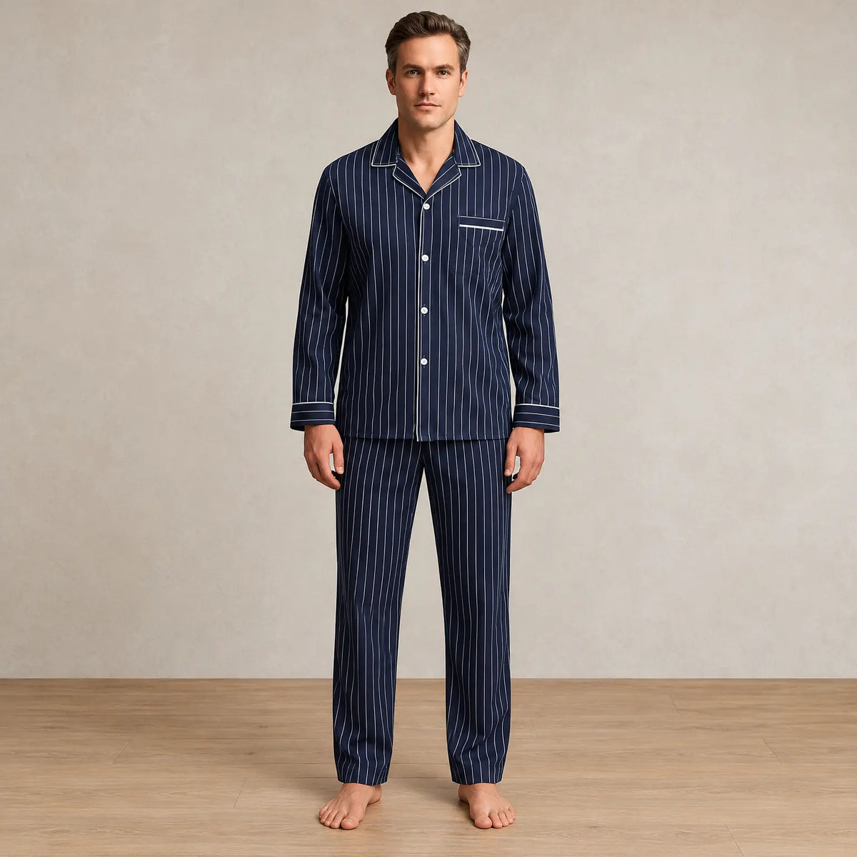 Men's Pajama Set - Piped Button-Front Long Sleeve Shirt & Pants - Navy Stripe