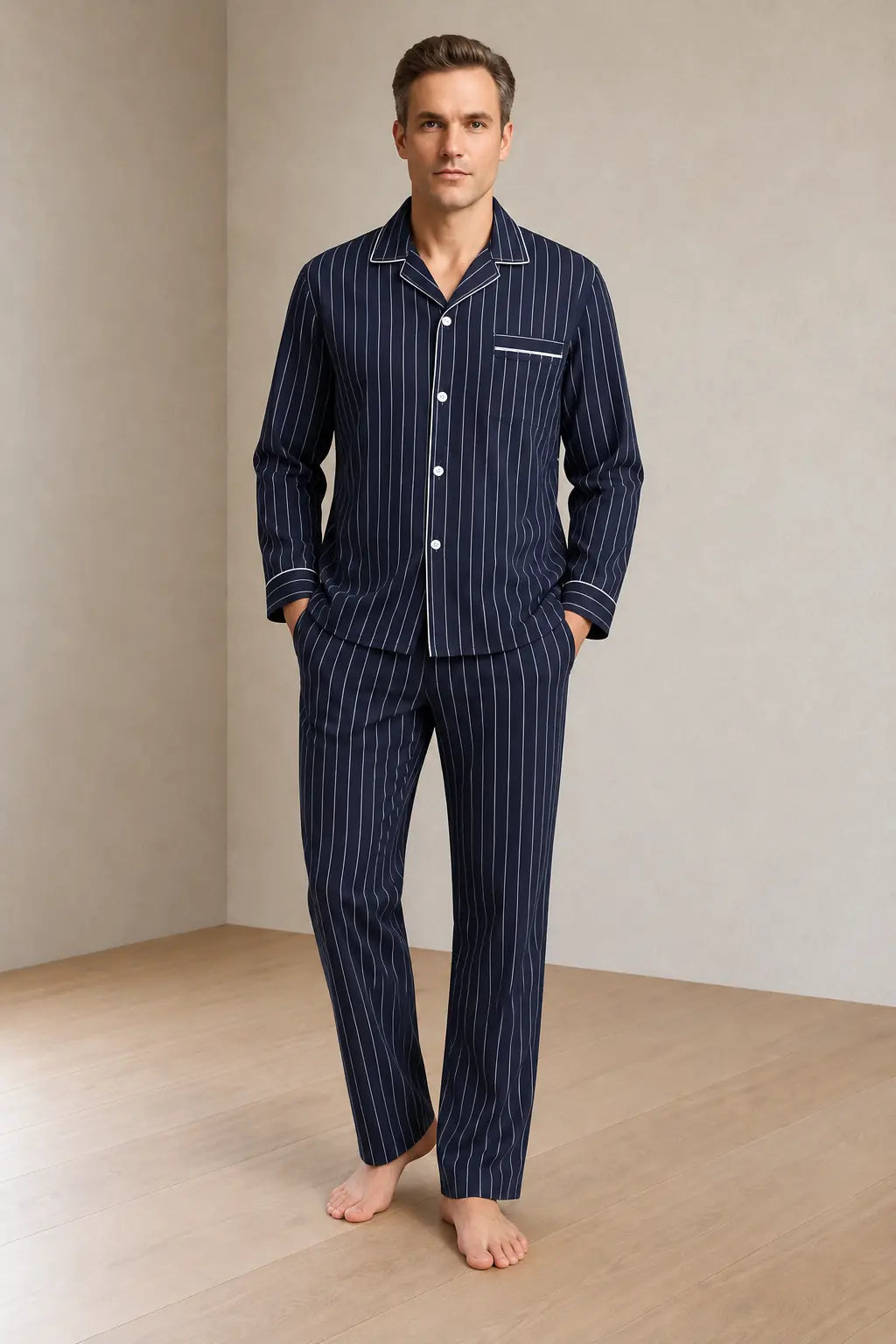 Men's Pajama Set - Piped Button-Front Long Sleeve Shirt & Pants - Navy Stripe