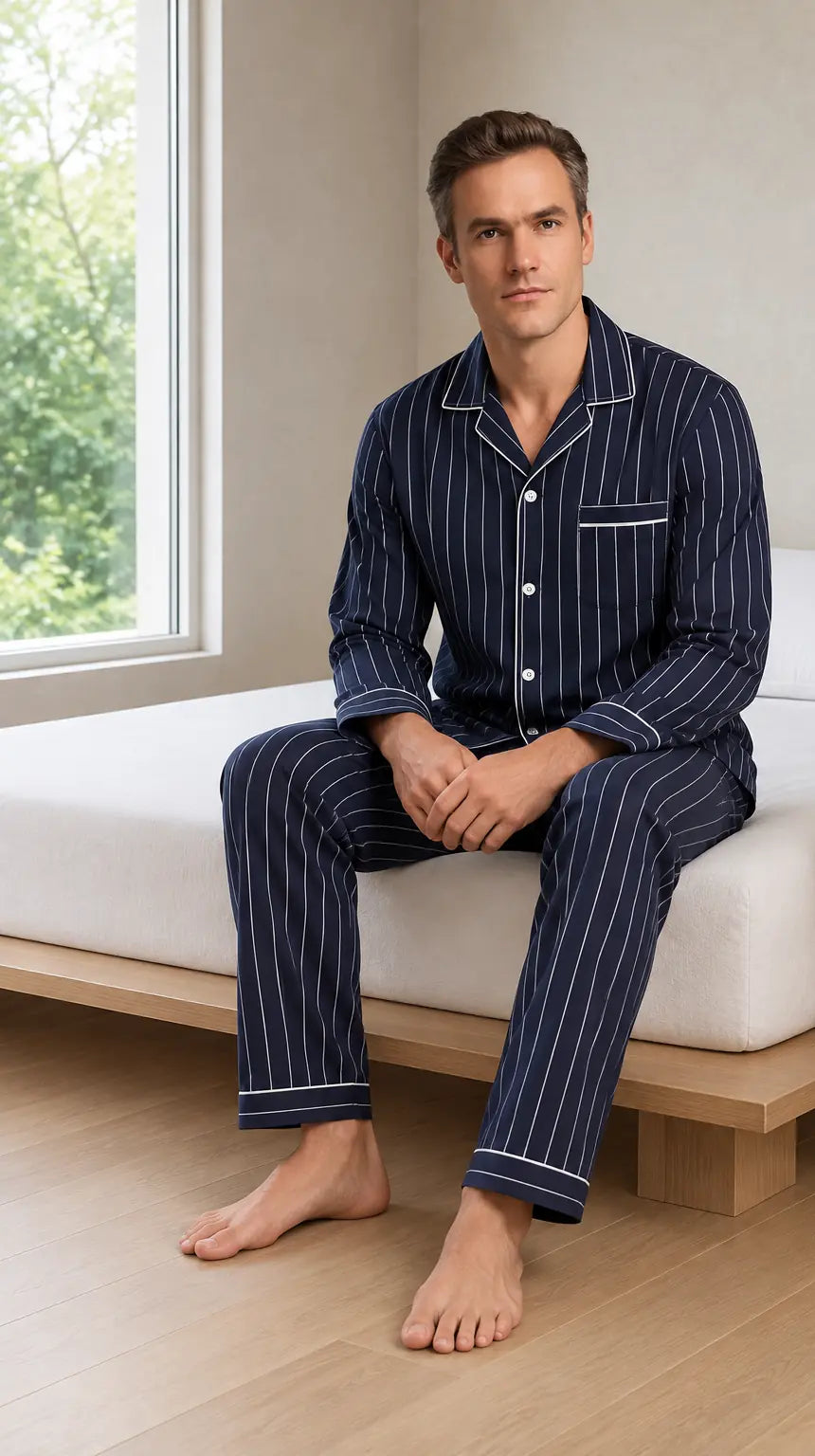 Men's Pajama Set - Piped Button-Front Long Sleeve Shirt & Pants - Navy Stripe
