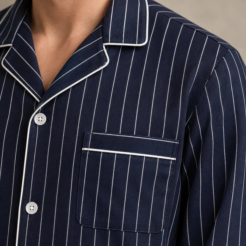 Men's Pajama Set - Piped Button-Front Long Sleeve Shirt & Pants - Navy Stripe