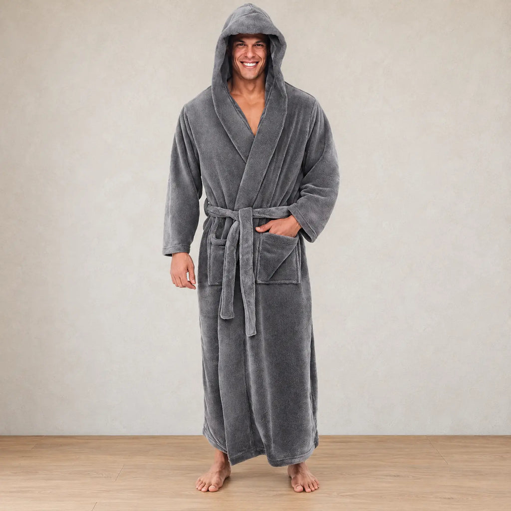 Men's Plush Robe - Hooded Ankle Length Shawl Collar with Pockets - Gray