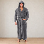Men's Plush Robe - Hooded Ankle Length Shawl Collar with Pockets - Gray
