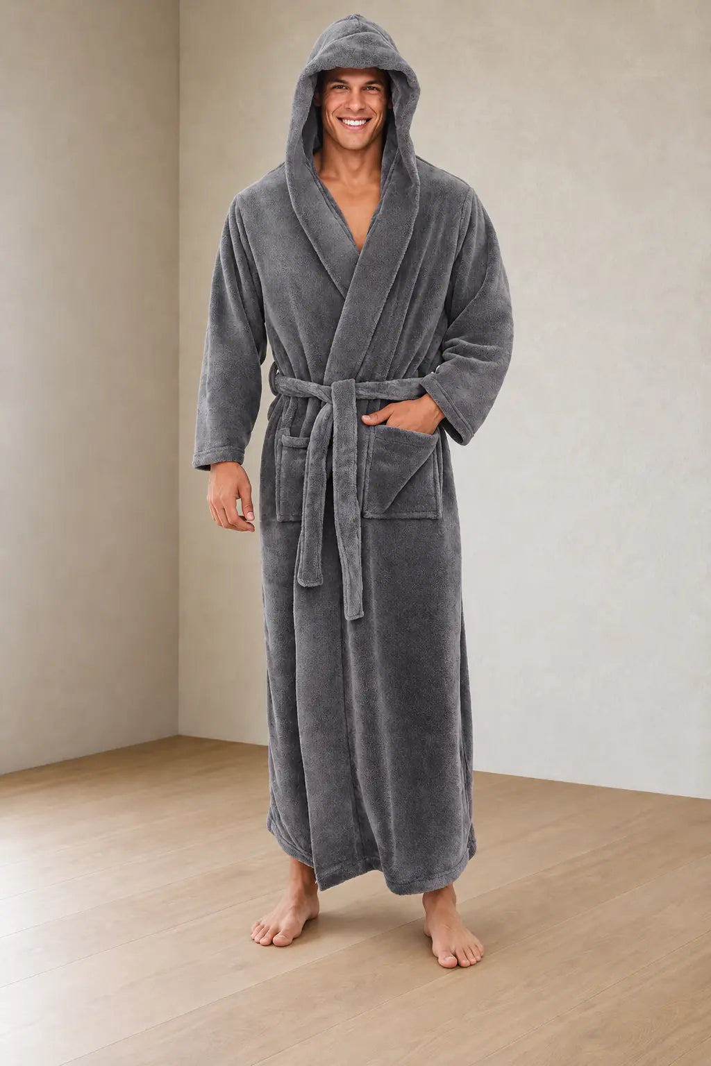 Men's Plush Robe - Hooded Ankle Length Shawl Collar with Pockets - Gray