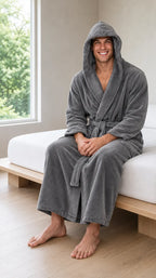 Men's Plush Robe - Hooded Ankle Length Shawl Collar with Pockets - Gray