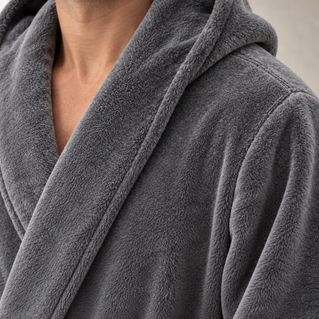 Men's Plush Robe - Hooded Ankle Length Shawl Collar with Pockets - Gray