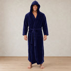 Men's Plush Robe - Hooded Ankle Length Shawl Collar with Pockets - Navy