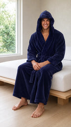 Men's Plush Robe - Hooded Ankle Length Shawl Collar with Pockets - Navy