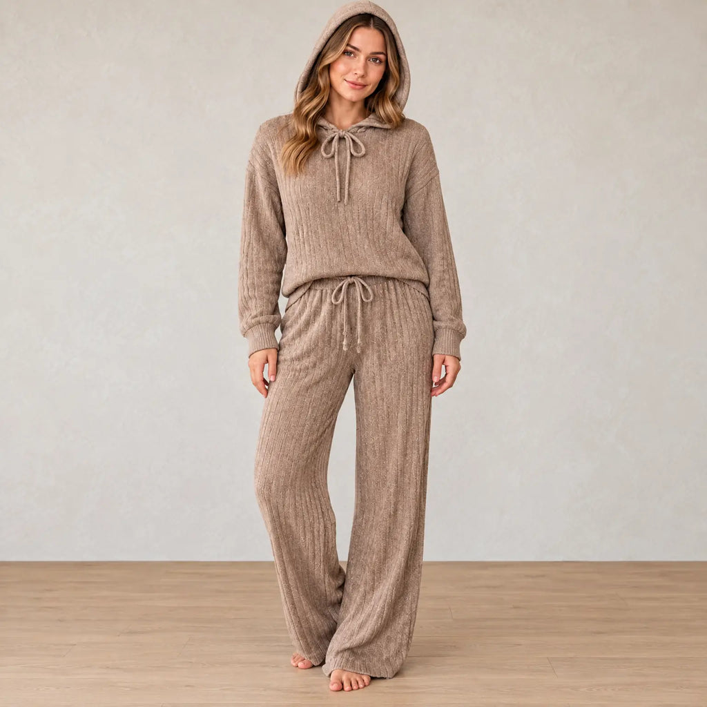 Women's Pajama Set - Hooded Ribbed Knit Top & Wide Leg Pants - Brown