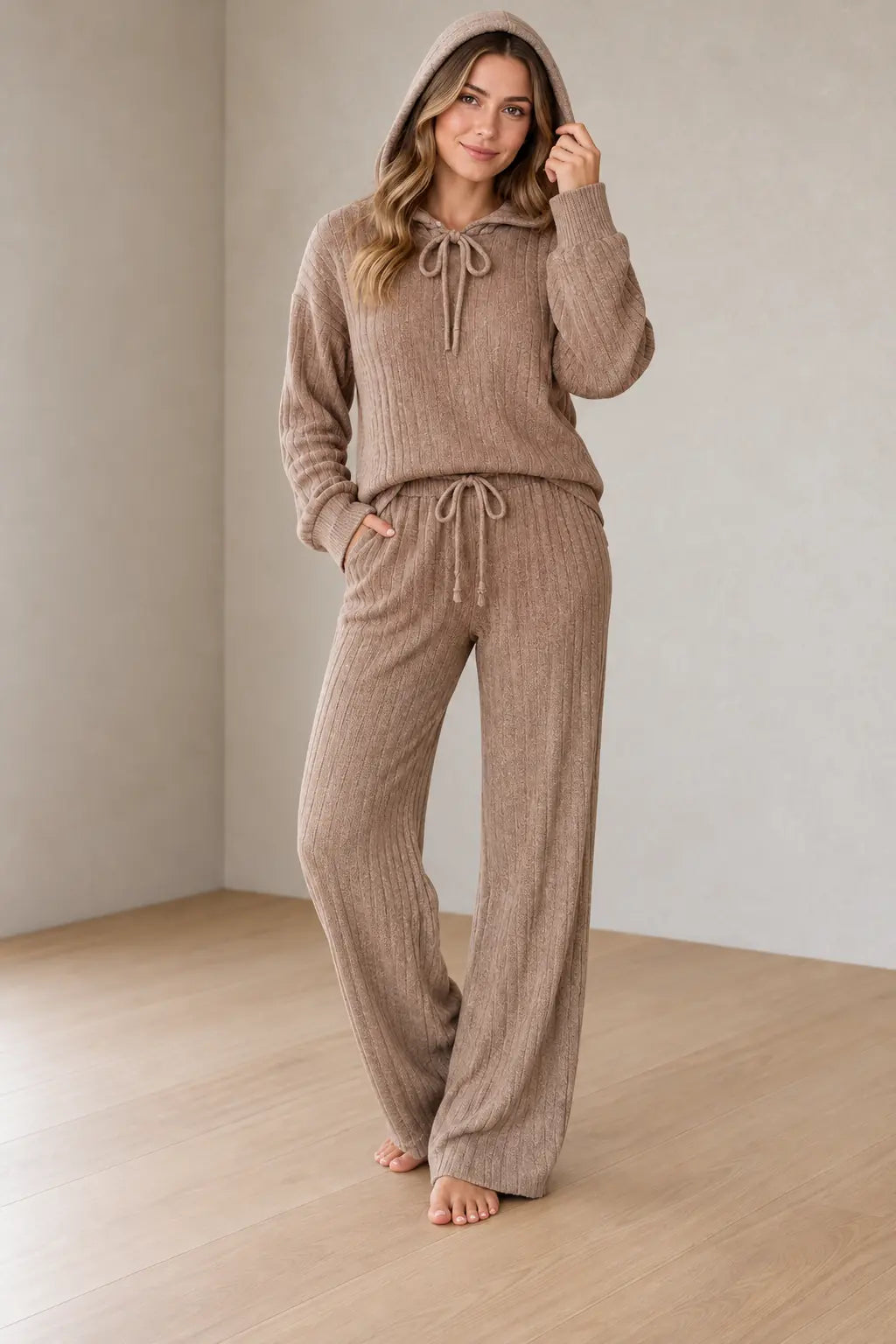 Women's Pajama Set - Hooded Ribbed Knit Top & Wide Leg Pants - Brown