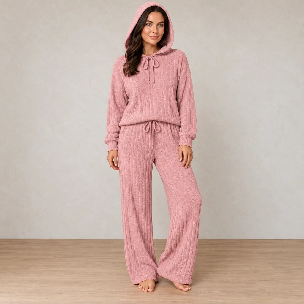 Women's Pajama Set - Hooded Ribbed Knit Top & Wide Leg Pants - Pink