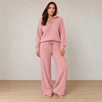 Women's Pajama Set - Hooded Ribbed Knit Top & Wide Leg Pants - Pink
