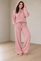 Women's Pajama Set - Hooded Ribbed Knit Top & Wide Leg Pants - Pink