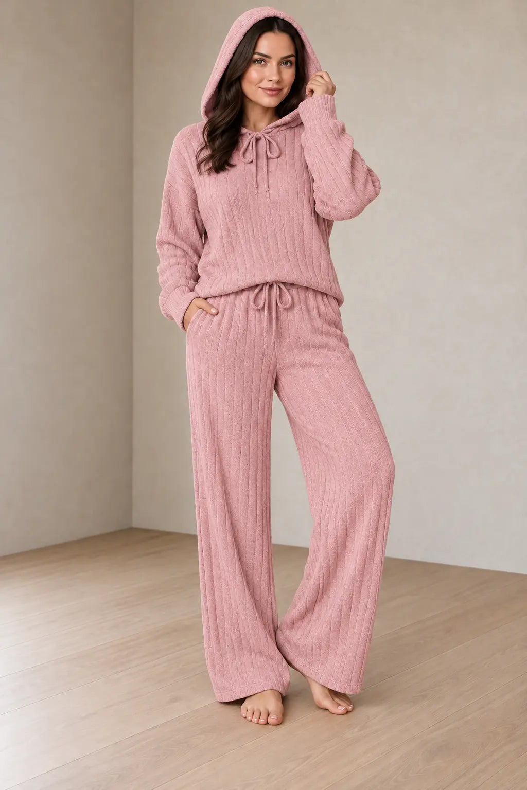 Women's Pajama Set - Hooded Ribbed Knit Top & Wide Leg Pants - Pink