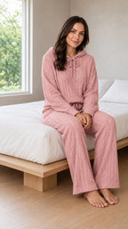 Women's Pajama Set - Hooded Ribbed Knit Top & Wide Leg Pants - Pink