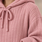 Women's Pajama Set - Hooded Ribbed Knit Top & Wide Leg Pants - Pink
