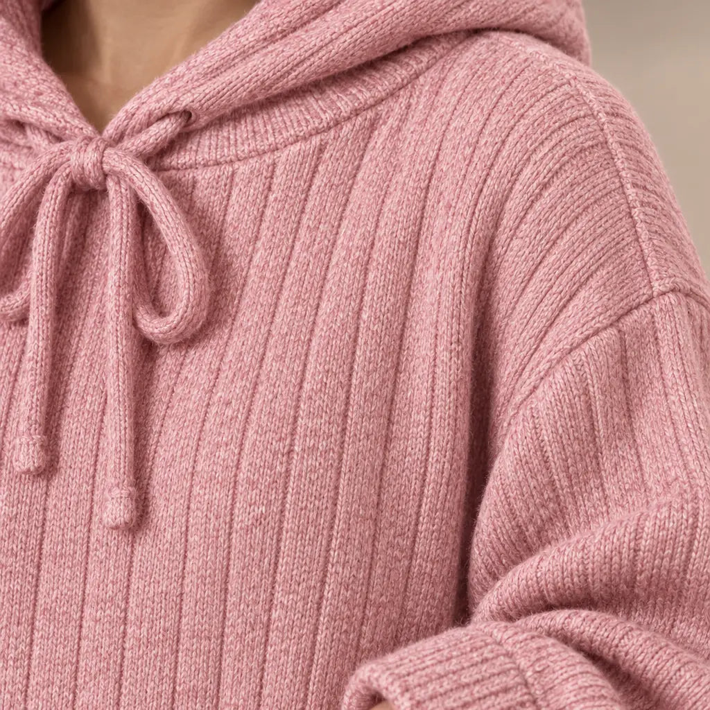 Women's Pajama Set - Hooded Ribbed Knit Top & Wide Leg Pants - Pink