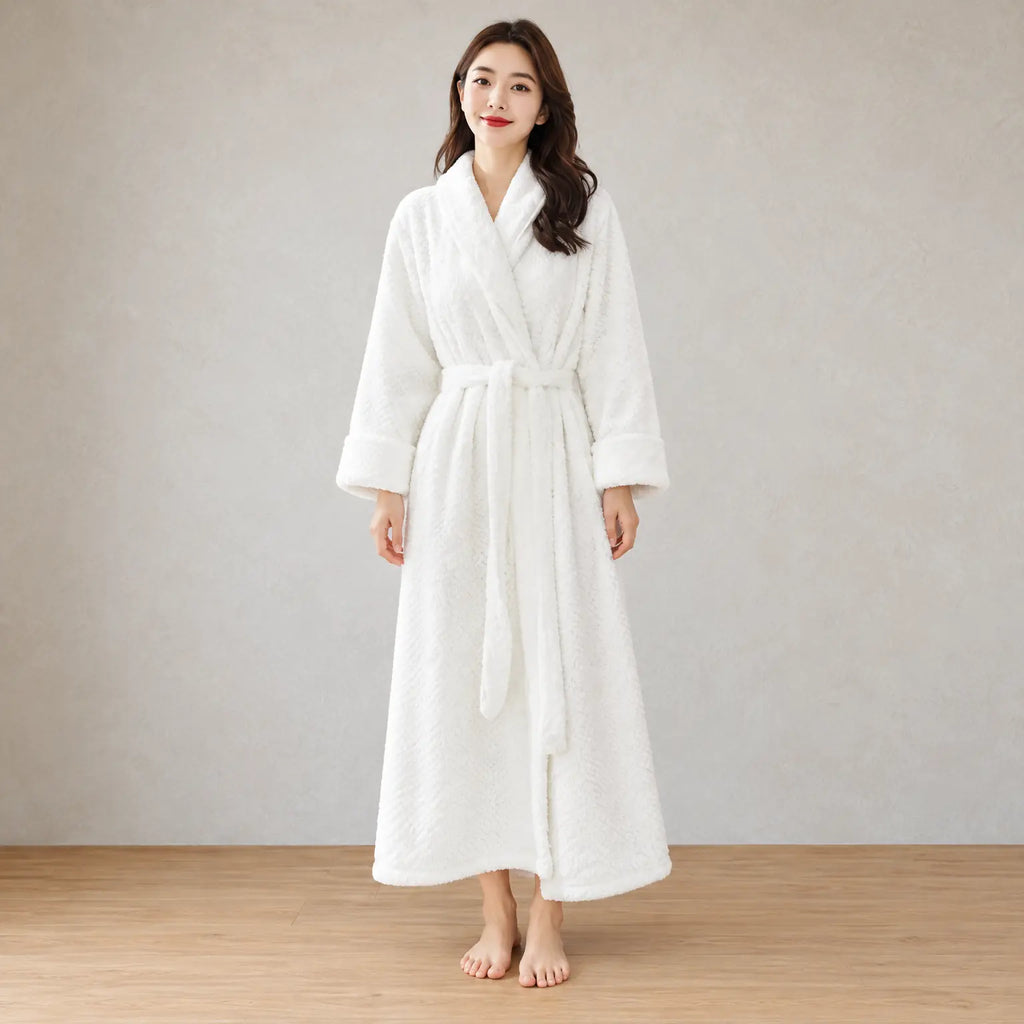 Women's Plush Robe - Shawl Collar Ankle Length Belted with Pockets - White