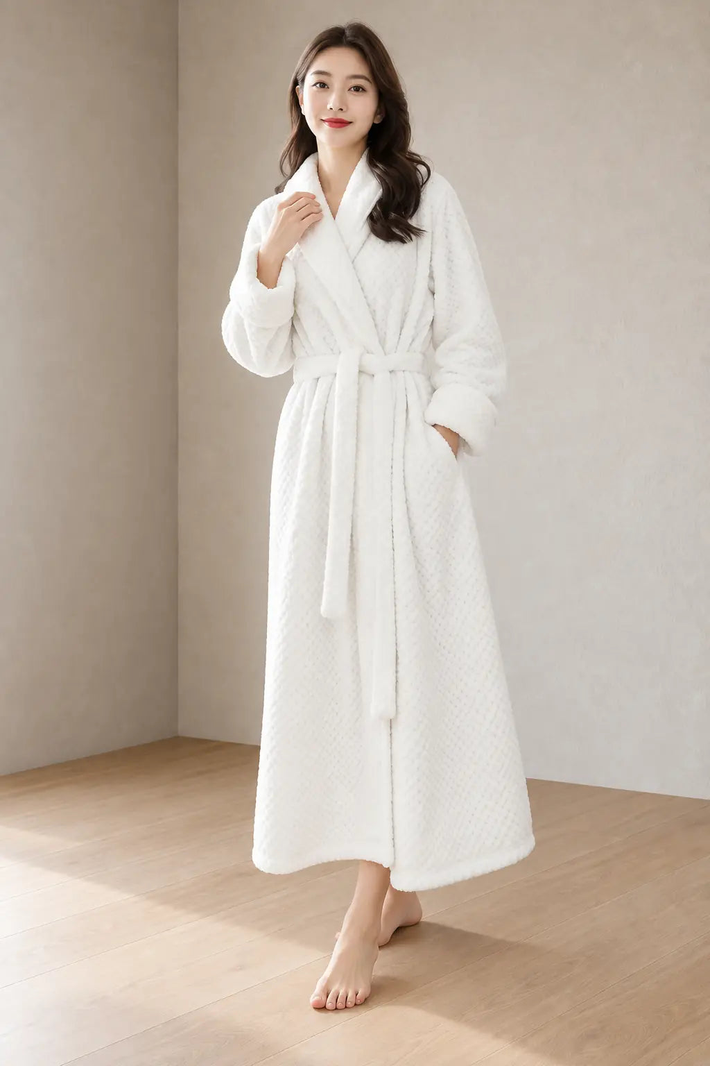 Women's Plush Robe - Shawl Collar Ankle Length Belted with Pockets - White