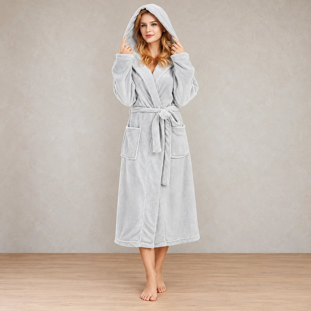 Women's Plush Robe - Hooded Belted with Patch Pockets - Light Gray