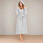 Women's Plush Robe - Hooded Belted with Patch Pockets - Light Gray