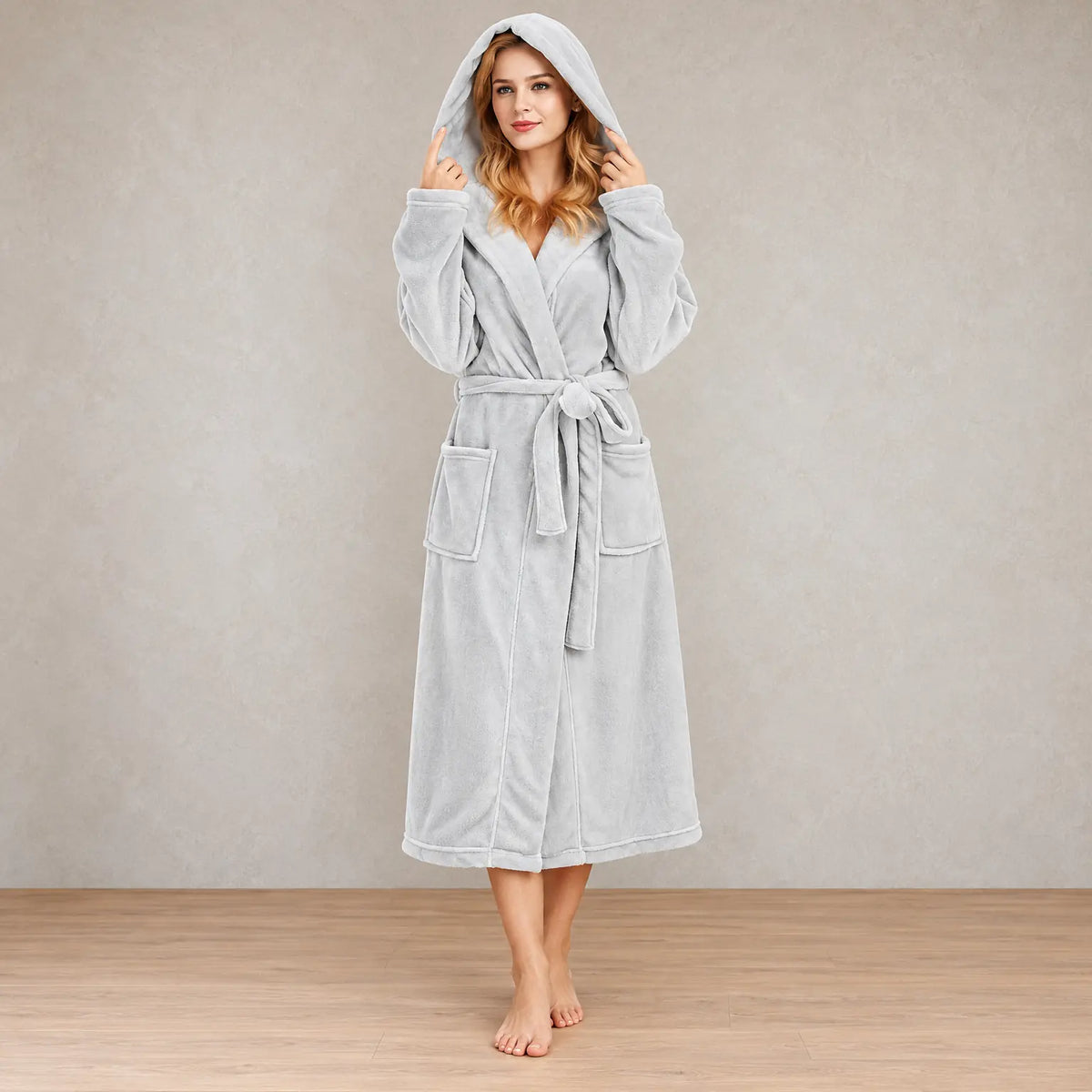 Women's Plush Robe - Hooded Belted with Patch Pockets - Light Gray