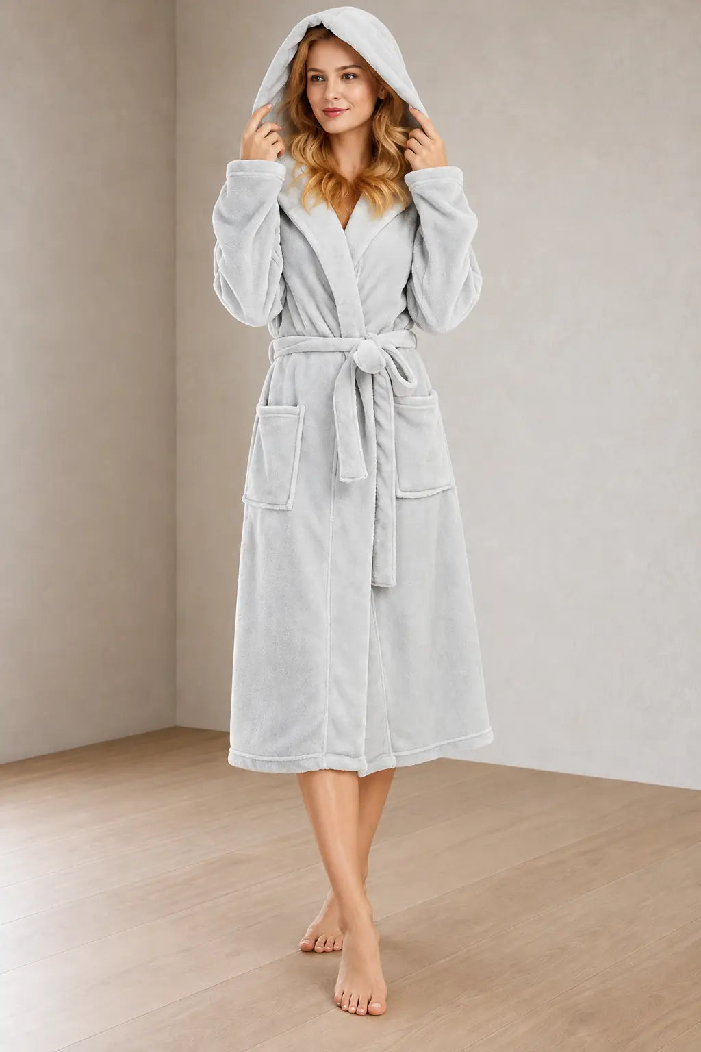Women's Plush Robe - Hooded Belted with Patch Pockets - Light Gray