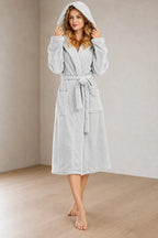 Women's Plush Robe - Hooded Belted with Patch Pockets - Light Gray