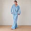 Women's Pajama Set - Velour Button-Front Shirt & Wide Leg Pants - Blue