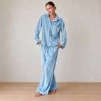 Women's Pajama Set - Velour Button-Front Shirt & Wide Leg Pants - Blue