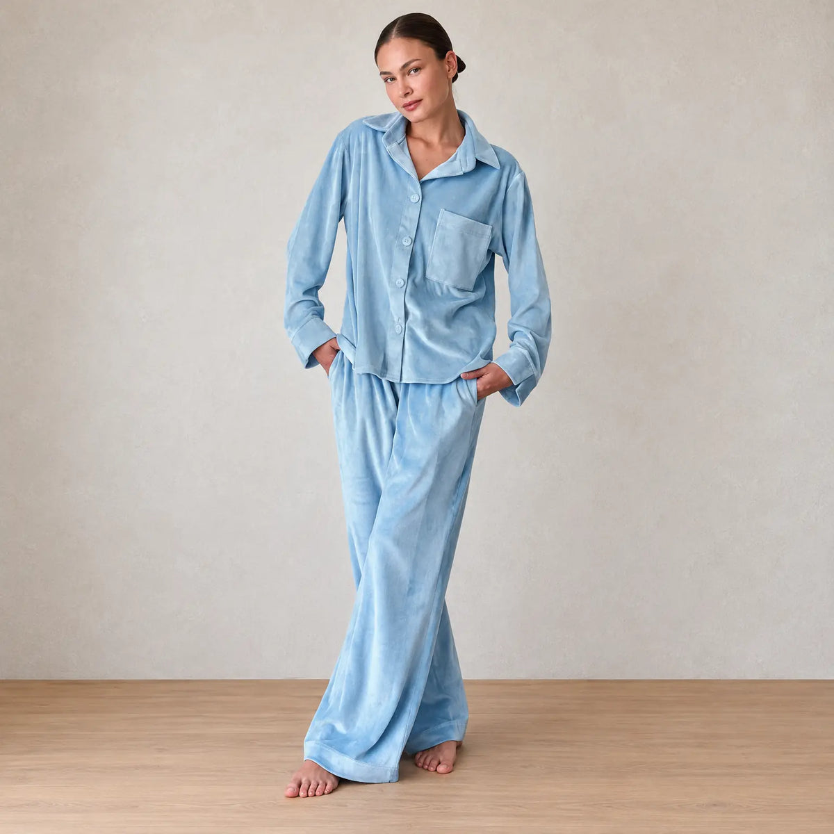 Women's Pajama Set - Velour Button-Front Shirt & Wide Leg Pants - Blue