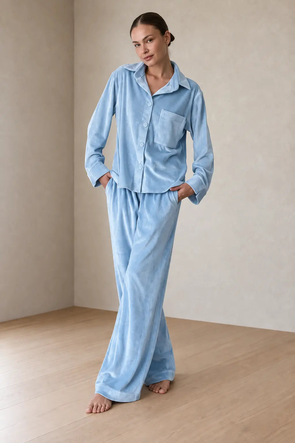 Women's Pajama Set - Velour Button-Front Shirt & Wide Leg Pants - Blue