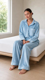 Women's Pajama Set - Velour Button-Front Shirt & Wide Leg Pants - Blue