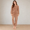 Women's Pajama Set - Plush Crewneck Long Sleeve Top & Jogger Pants - Brown