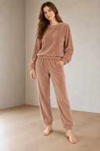 Women's Pajama Set - Plush Crewneck Long Sleeve Top & Jogger Pants - Brown