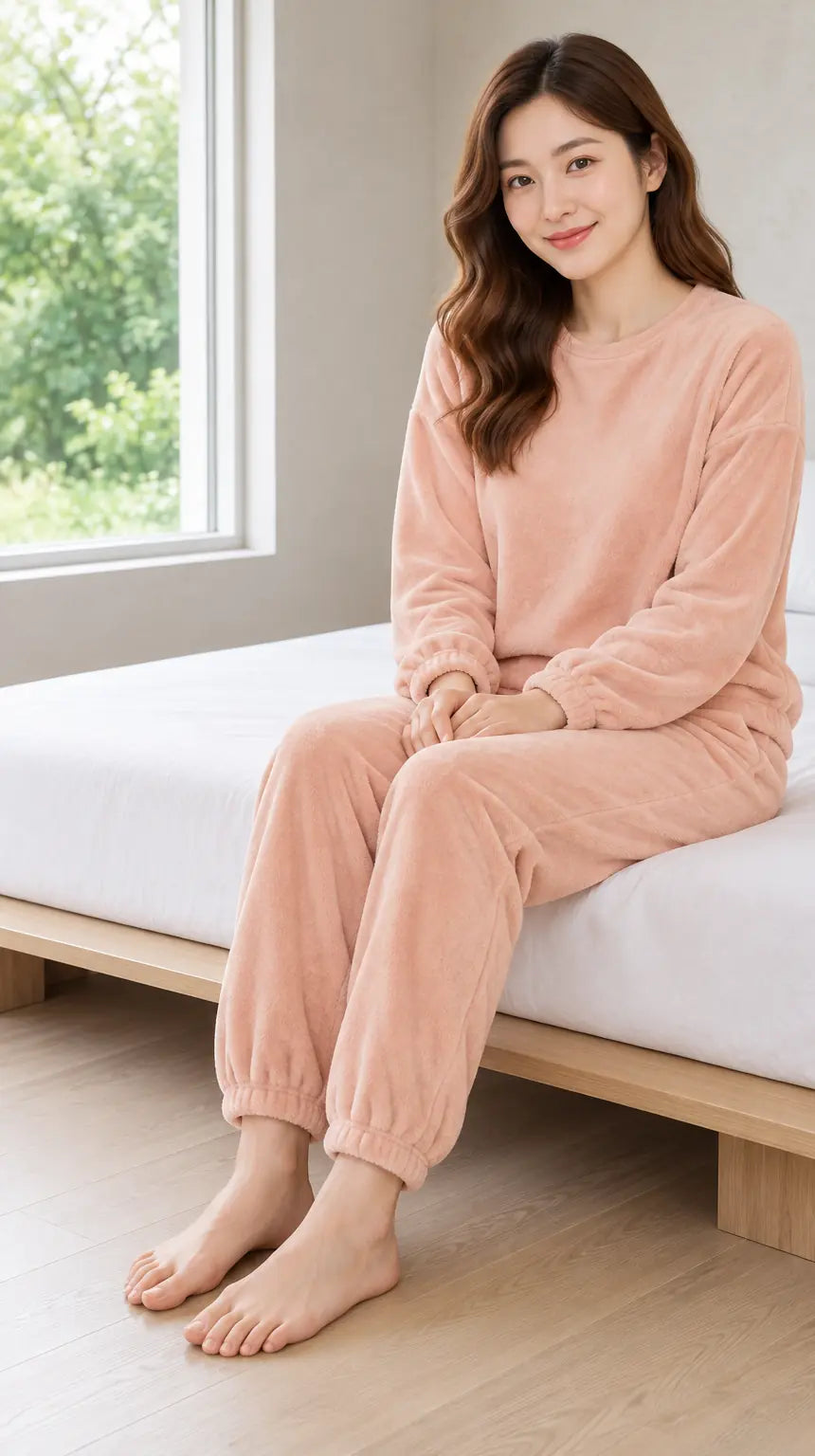 Women's Pajama Set - Plush Crewneck Long Sleeve Top & Jogger Pants - Pink