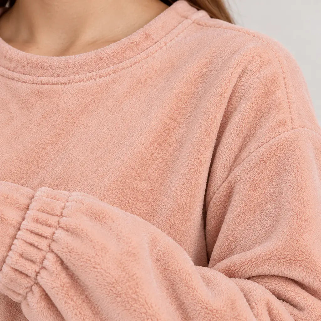 Women's Pajama Set - Plush Crewneck Long Sleeve Top & Jogger Pants - Pink