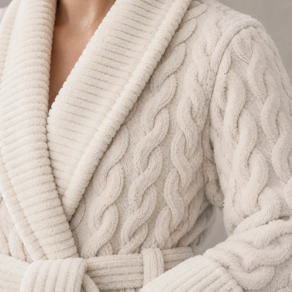 Women's Plush Robe - Cable Texture Shawl Collar Belted with Pockets - Beige