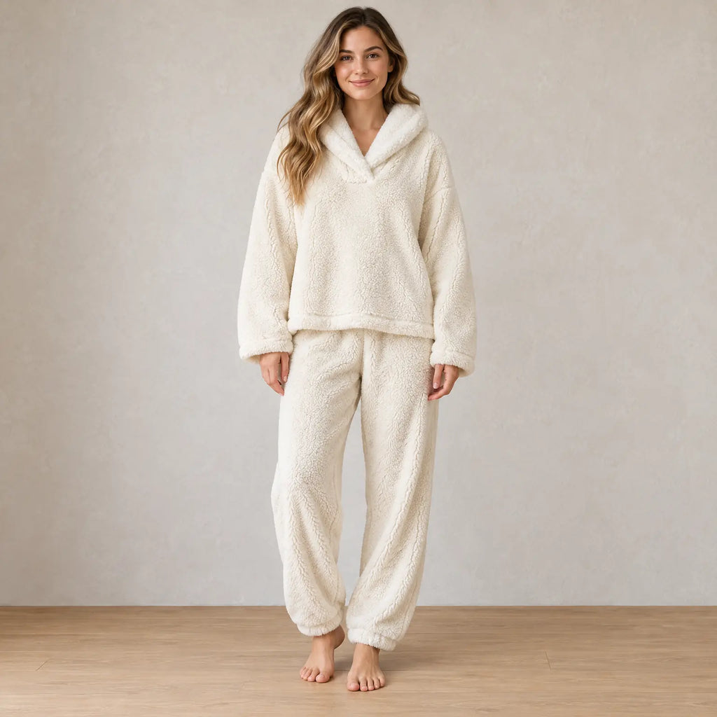 Women's Pajama Set - Sherpa Shawl Collar V-Neck Top & Pants - Apricot