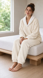 Women's Pajama Set - Sherpa Shawl Collar V-Neck Top & Pants - Apricot