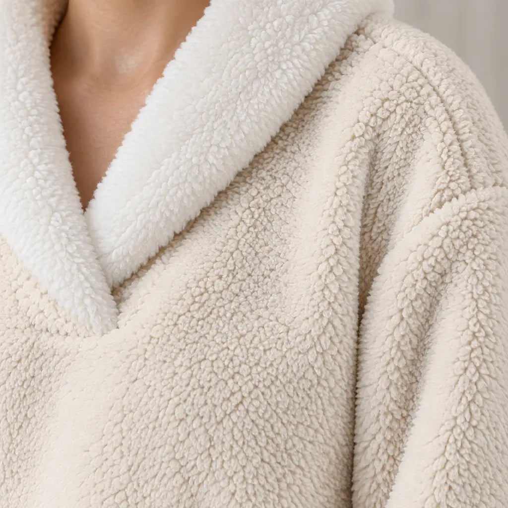 Women's Pajama Set - Sherpa Shawl Collar V-Neck Top & Pants - Apricot