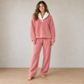 Women's Pajama Set - Sherpa Shawl Collar V-Neck Top & Pants - Pink
