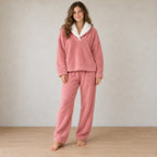 Women's Pajama Set - Sherpa Shawl Collar V-Neck Top & Pants - Pink