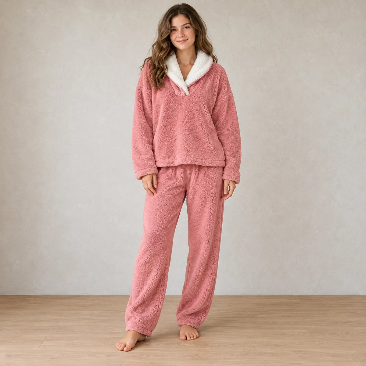 Women's Pajama Set - Sherpa Shawl Collar V-Neck Top & Pants - Pink